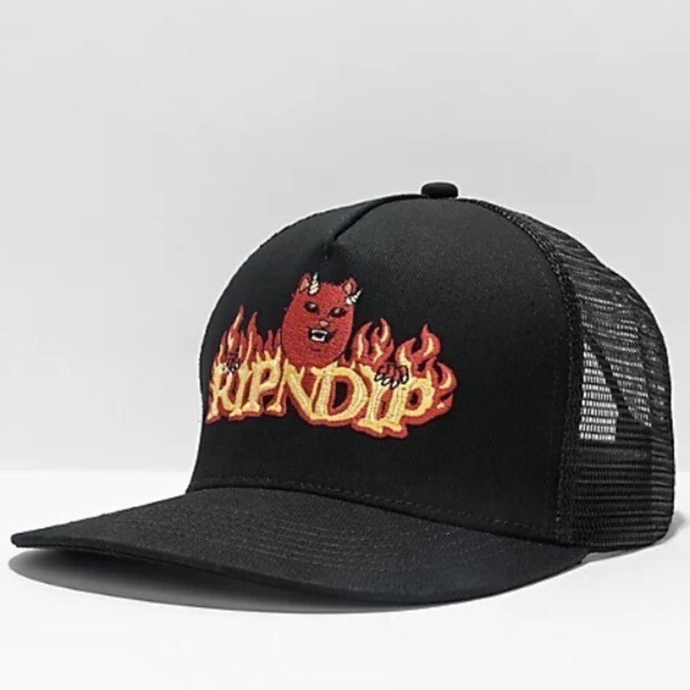 RIPNDIP Devil Nermal Flames Snapback Trucker Hat Black One Size Mesh Cap New NWT